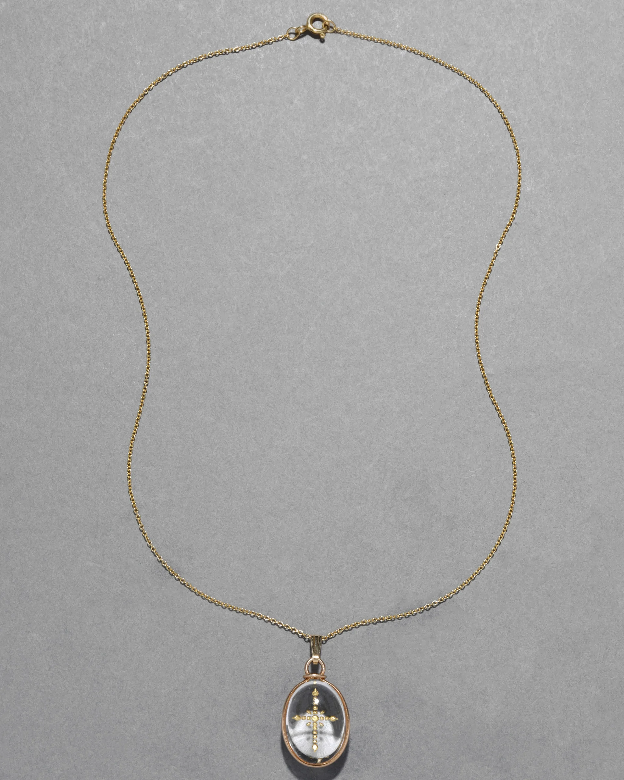 Antique Early 1900s 14k Gold Cross with Quartz Pendant Necklace