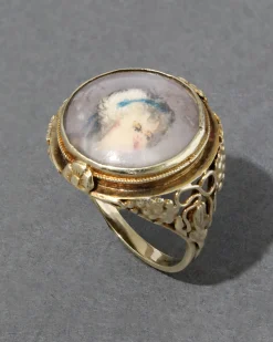 Antique Early 1800s 14k Gold English Hand Painted Portrait Floral Shank Ring