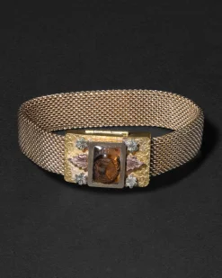 Antique 1800s 14k Tricolor Gold Fill & Hand-Carved Tigers Eye Handmade Bracelet 1