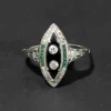 Antique 1910s 14k White Gold with Diamond, Emerald & Onyx Marquis Ring