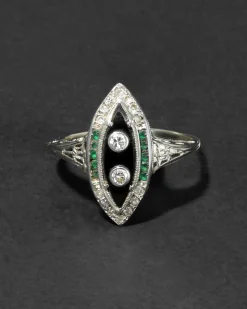 Antique 1910s 14k White Gold with Diamond, Emerald & Onyx Marquis Ring