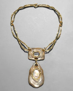Lucite Brutalist Black Mother of Pearl Doublet Necklace- Warm Grey