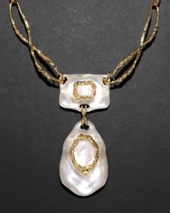 Lucite Brutalist White Mother of Pearl Doublet Necklace- Silver