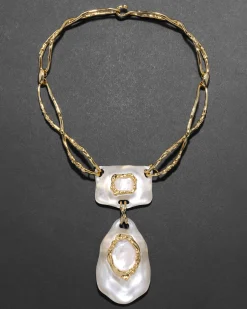 Lucite Brutalist White Mother of Pearl Doublet Necklace- Silver
