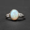 Vintage 1950s 14k Gold Modernist High Prong Set Opal with Diamond Baguette Ring