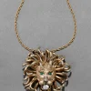 Vintage 1960s 14k Gold Washed Sterling Silver Lion Pendant Necklace with Jade Eyes