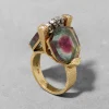 Vintage 1970s 18k Gold with Watermelon Tourmaline & Diamond Brutalist RIng