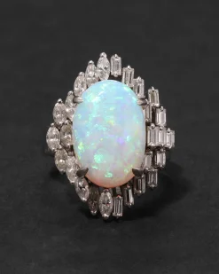 Vintage 1950s 18k White Gold with Natural Opal & Baguette & Marquis Diamond Halo Modernist Design Ring