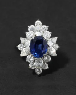 Vintage 1980s Rhodium Plated Sterling Silver with Synthetic Sapphire & Cubic Zirconium Ring